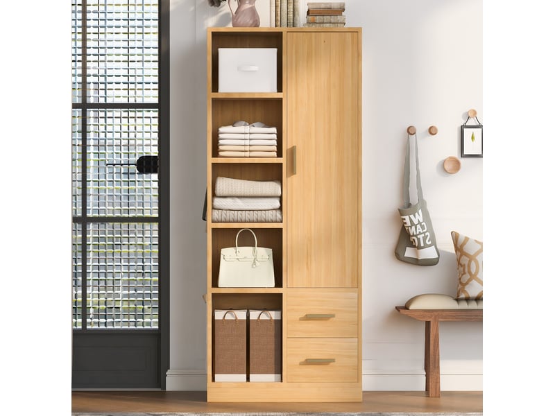 Armoire modenvie 1 porte 70 x 50 x 170 cm avec 2 tringles et 2 tiroirs bois clair - Conforama D