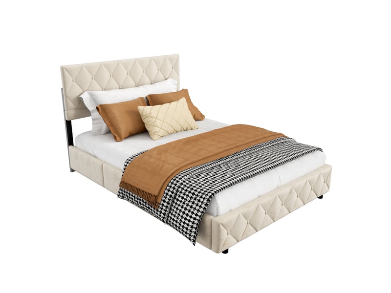  Lit coffre ulevr rembourré 140 x 200 cm en velours beige avec sommier à lattes  - Conforama A