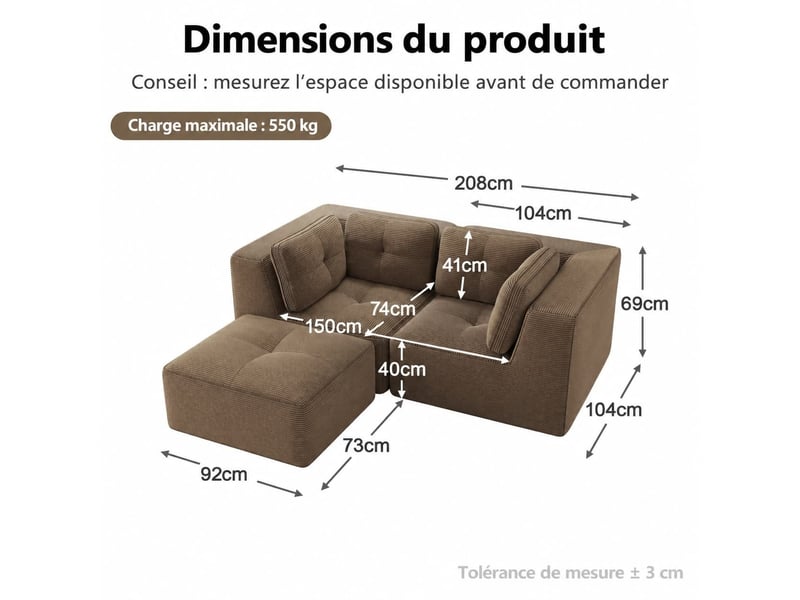  Canapé modulable en l 2 places avec repose-pieds mobile, accueil douillet en velours côtelé, 69 × 208 × 177 cm, marron  - Conforama C