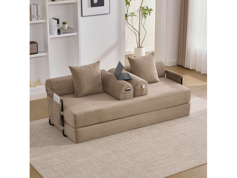  Canapé convertible 200x94x67 cm modulaire avec poches latérales, 3 coussins, métal, kaki  - Conforama D