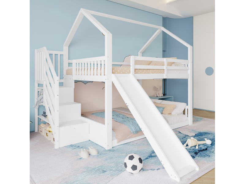  Lit enfant surélevé blanc 140 x 200 cm avec escalier de rangement et toboggan  - Conforama B