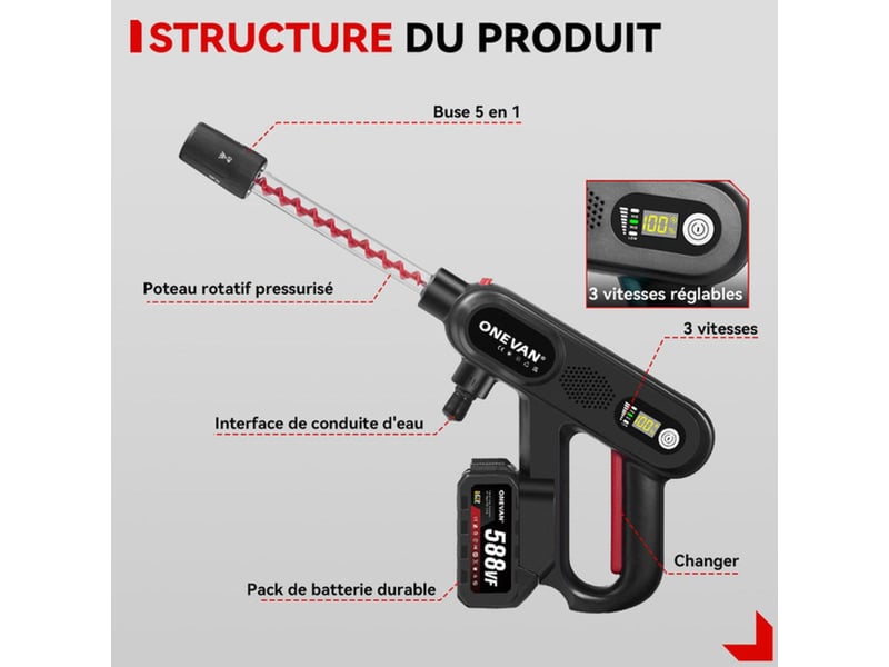Laveuse haute pression sans fil 150 bar 5 en 1 3 vitesses avec 2 batteries 2ah 297014_AAAOT92483_6_DROPFR - Conforama B