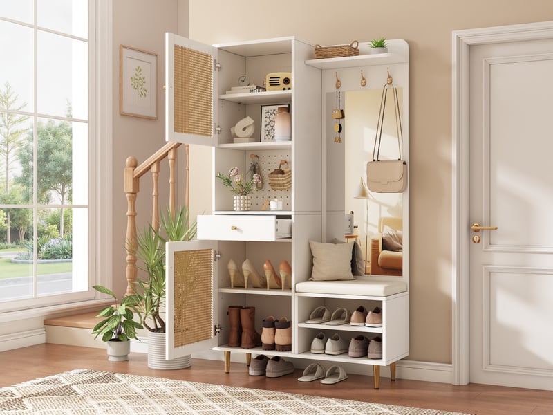  Meuble à chaussures, commode à 2 portes en rotin, 1 tiroir, rack ouvert et panneau perforé, pieds en fer, pour entrée et couloir, 99 x 35 x 180 cm  - Conforama B