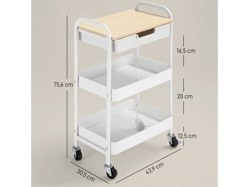 Desserte de cuisine chariot de service 2 étagères tiroir plateau aspect bois acier clair pp blanc - Conforama C