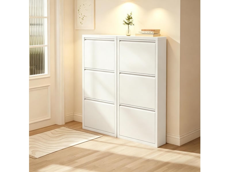  Meuble à chaussures ulevr lot de 2, 3 abattants magnétiques, métal blanc, 50 x 15 x 106 cm par meuble  - Conforama A