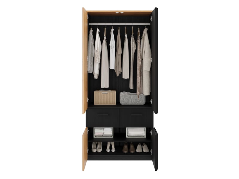  Armoire penderie 90x50x200 cm noire et bois - 2 tiroirs, barre de penderie, style persienne  - Conforama W
