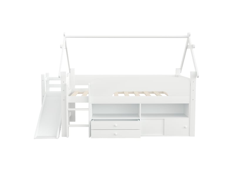 Lit mezzanine enfant 90x200 cm, cadre en forme de toit, toboggan, tiroirs, barrière, blanc - Conforama E