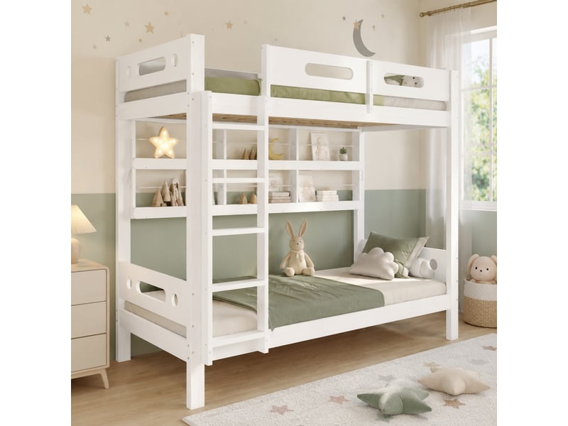  Lit superposé enfant 200×90 cm avec étagères réglables, échelle à 5 marches et garde-corps, sans matelas  - Conforama B