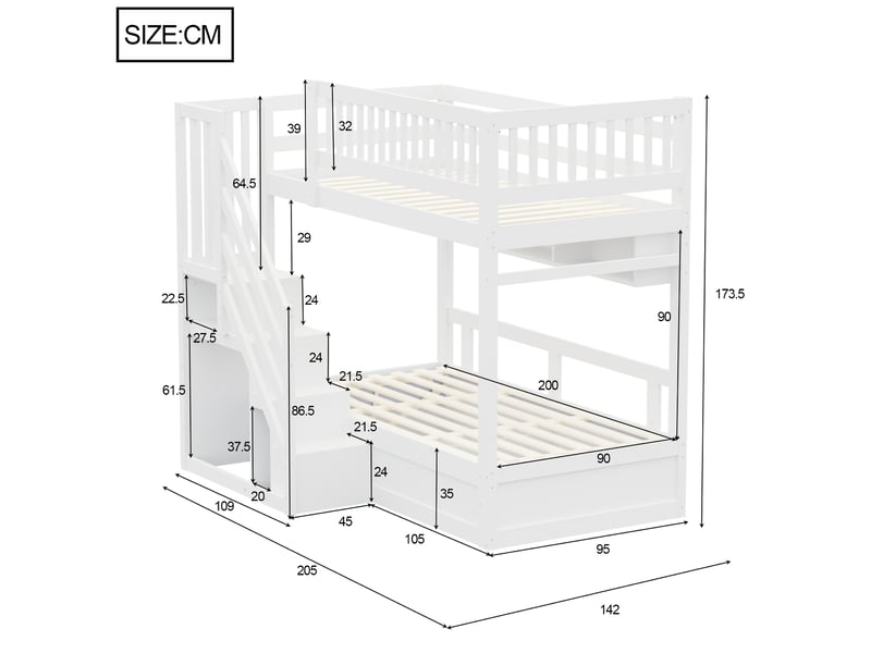  Lit mezzanine 90x200 cm en pin avec escalier de rangement, coffre hydraulique, led et prises blanc Fay Lum - Conforama C