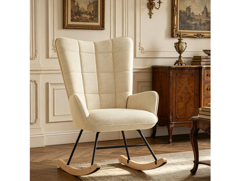  Rocking-chair ergonomique avec haut dossier, accoudoirs courbés et assise rembourrée en velours beige, 67,5 × 65 × 95 cm  - Conforama D