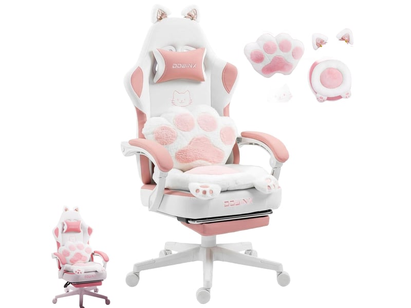  Fauteuil gaming ergonomique– design pattes de chat – tissu rose – repose-pieds – réglable  - Conforama A