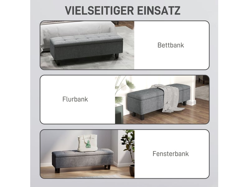  Banc coffre 138x40x45 cm, rangement sous assise, tissu aspect lin, pieds en bois, pour chambre et salon, gris foncé  - Conforama D