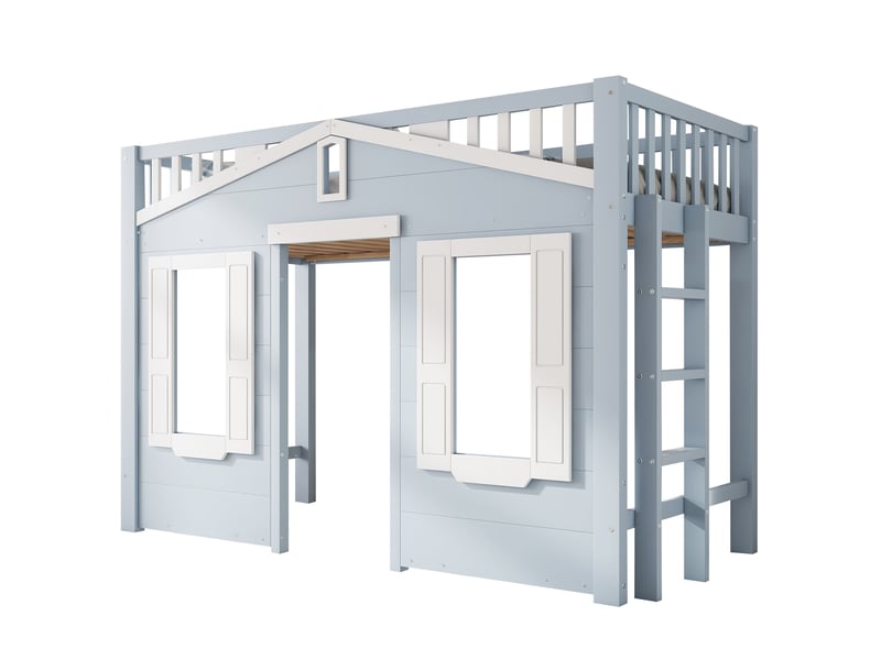 Lit mezzanine enfant 90 × 200 cm avec escalier réversible, fenêtre, espace libre dessous, sans matelas, bleu  - Conforama A
