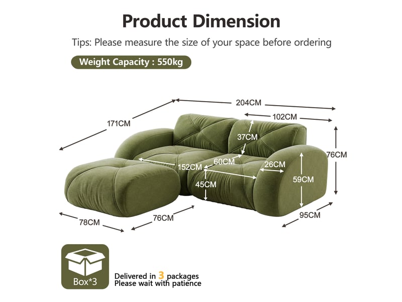 Canapé modulaire 2 places sans armature avec pouf en mousse 32d et tissu chenille vert pour salon - Conforama E