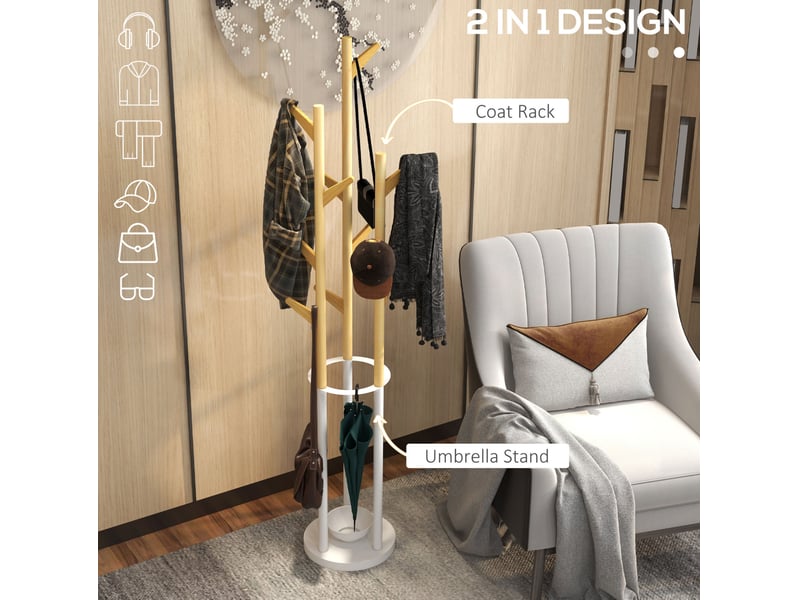  Porte-manteau sur pied 30,5 x 30,5 x 174,5 cm – naturel blanc – 13 crochets avec porte-parapluie  - Conforama E