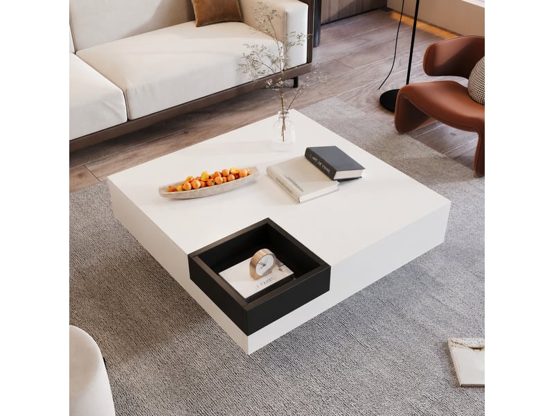  Table basse carrée avec coffre de rangement amovible et led multicolore, blanche et noire, 72 x 72 x 30 cm  - Conforama D