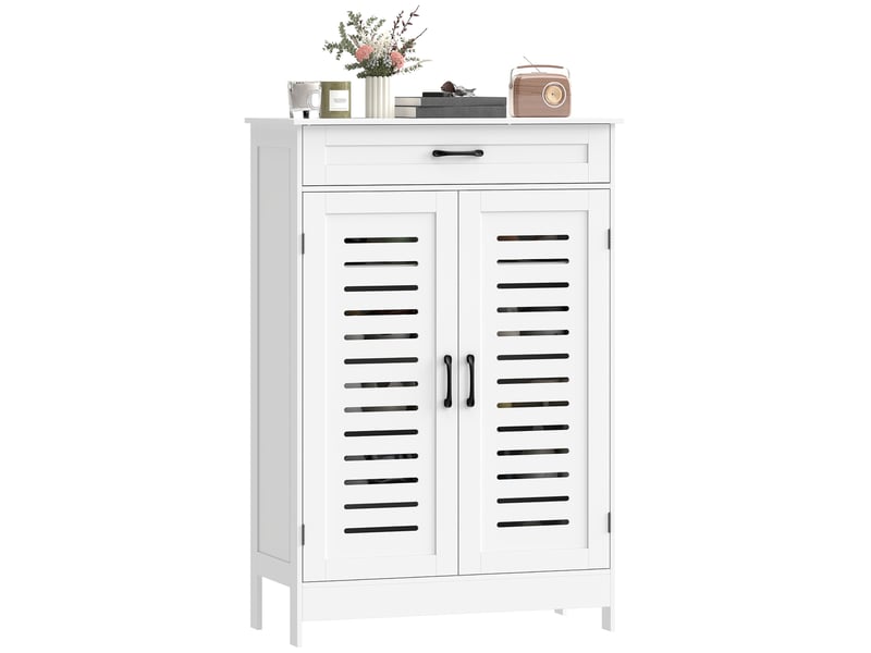  Meuble à chaussures avec portes en filet, tiroir et étagères réglables pour 20 paires de chaussures, 78 x 37 x 115,8 cm, blanc  - Conforama B