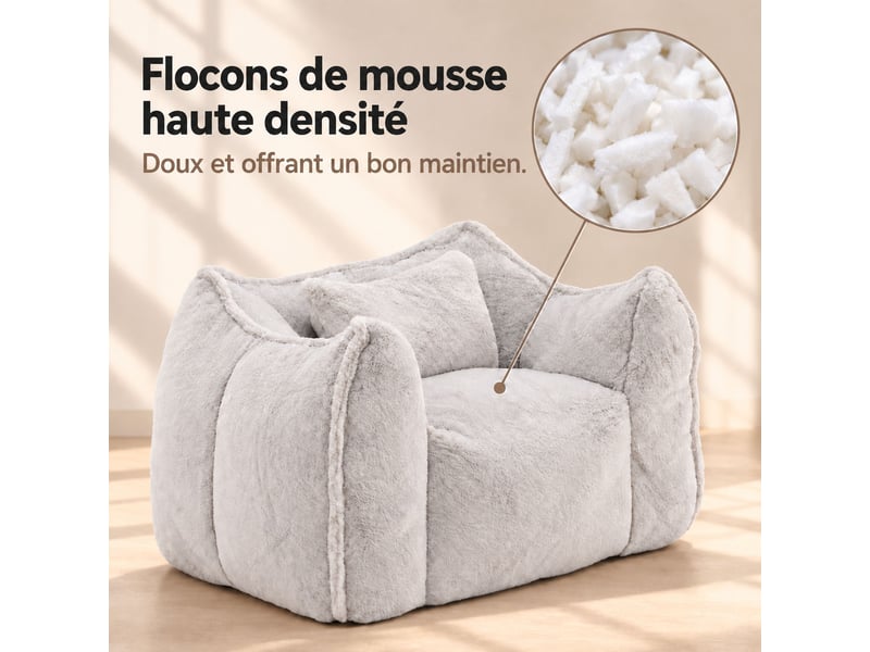 Fauteuil pouf paresseux en fausse fourrure, sans montage, rempli de mousse déchiquetée haute densité, design ergonomique,gris - Conforama E