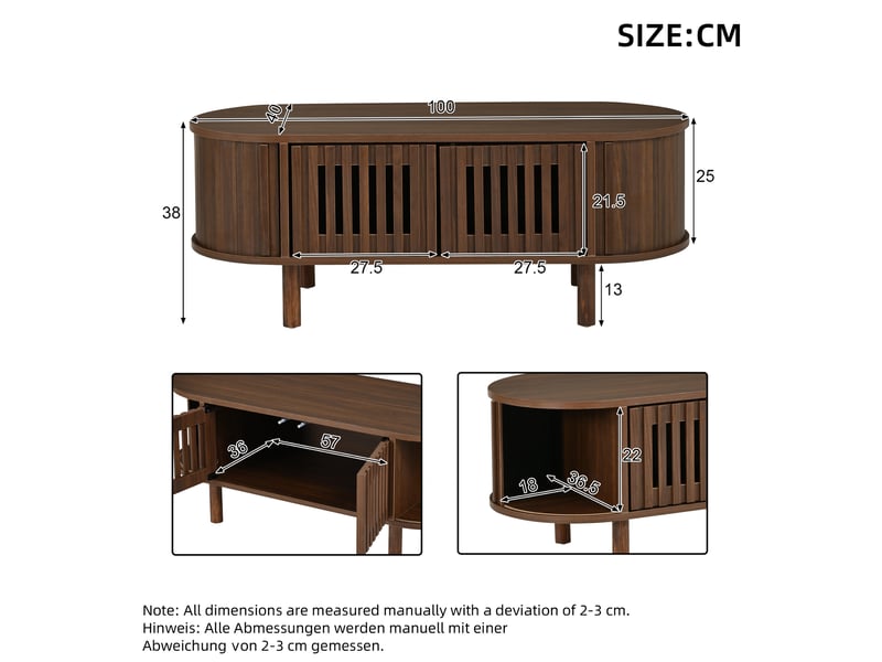  Table basse ovale 100 cm en mdf bois foncé, pieds en bois, 2 portes à lamelles et porte coulissante rétro  - Conforama C