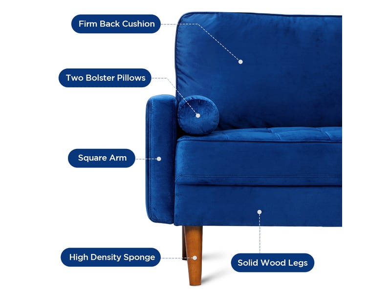  Canapé droit 2 places en velours moderne,canapé à bras roulés,loveseat avec accoudoirs,148l x 78l x 85h cm,bleu  - Conforama D