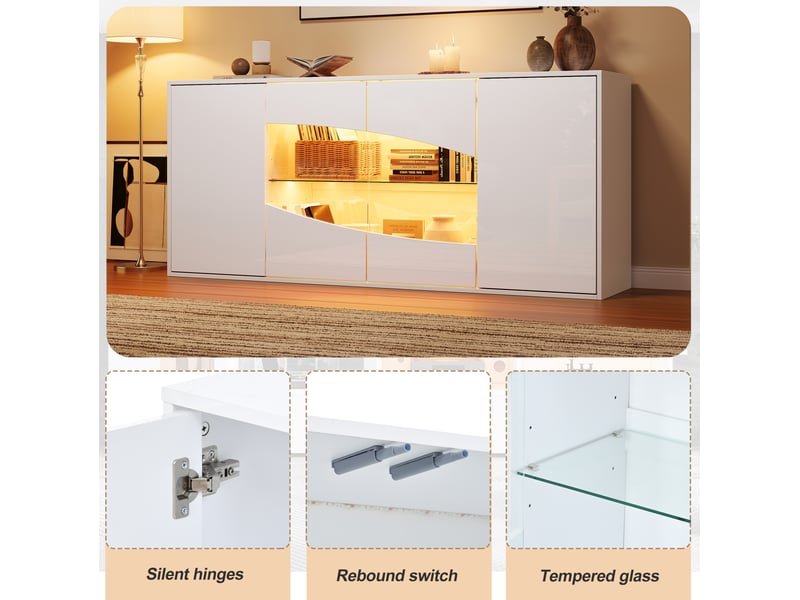  Buffet 160x35x70 cm à 4 portes avec led rgb, blanc brillant  - Conforama D