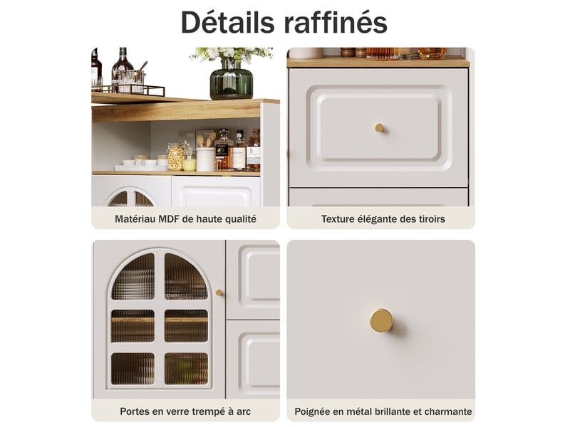  Meuble bar tournant extensible 138-204x39x104 cm porte en verre trempé cintrée, 2 tiroirs, pour cuisine, en mdf, blanc  - Conforama D