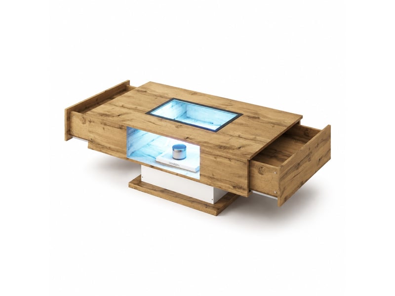  Table basse 110,2x60x39,7 cm avec 2 tiroirs et éclairage led, effet chêne et blanc  - Conforama A