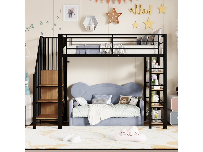  Lit mezzanine 90x200 cm avec escalier, rangements et penderie, noir et blanc  - Conforama D