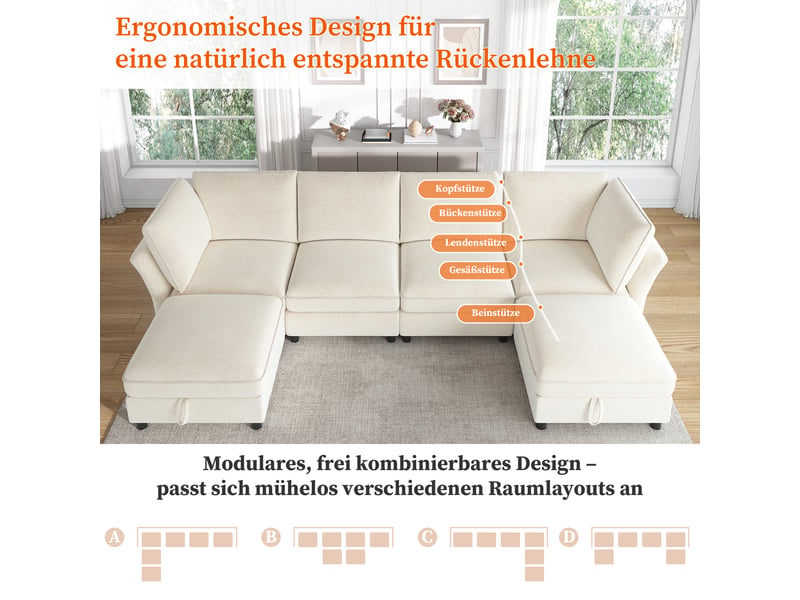  Canapé d'angle, canapé modulable, 6 places, en tissu chenille, beige, avec pouf, pour salon, appartement, chambre  - Conforama W