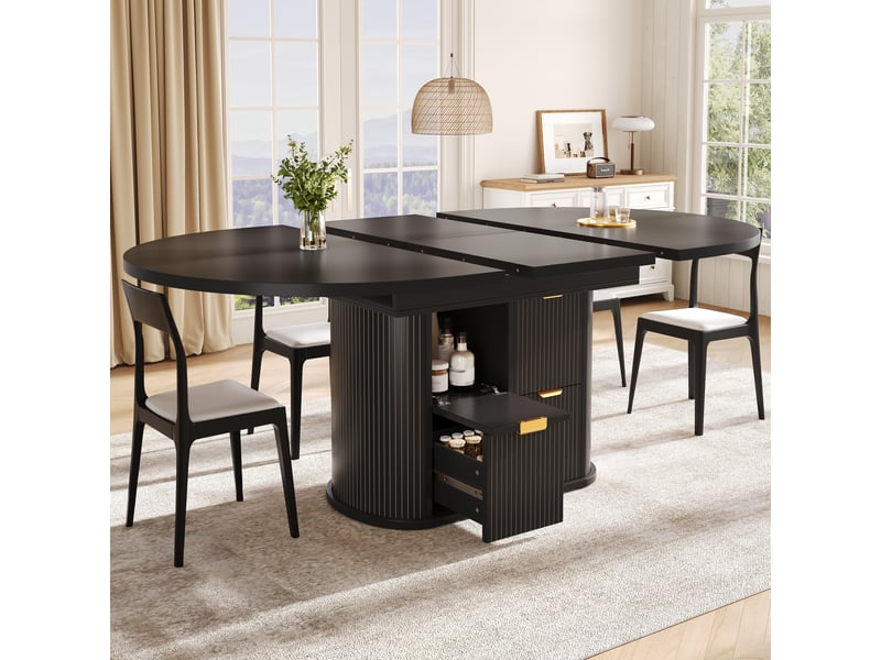 Table à manger extensible 118158 x 118 x 76,8 cm, 4 à 6 personnes, 2 tiroirs, rangements rabattables, relief vertical, poignées métal, noir Bliss Lite - Conforama D