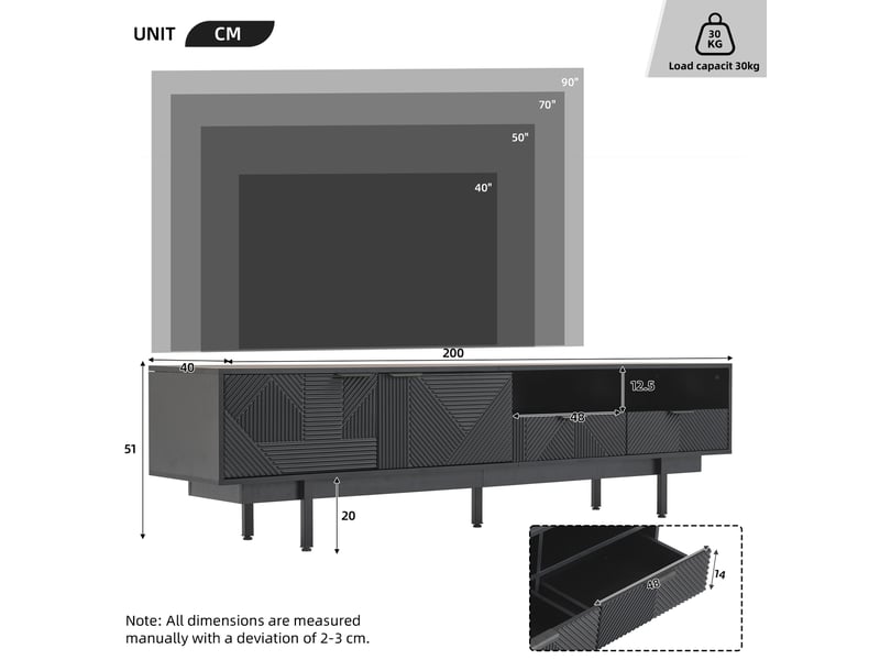 Meuble tv noir 200 x 40 x 51 cm avec rangements, portes, passe-câbles et 5 pieds métal - Conforama C