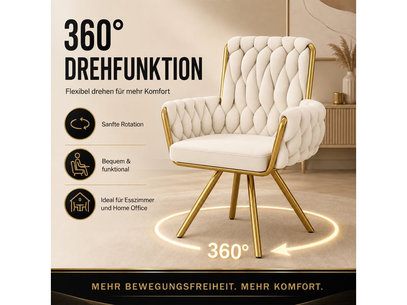 Chaise de salle à manger lot de 6 pivotante 360° avec accoudoirs  - dossier haut velours beige  - Conforama E