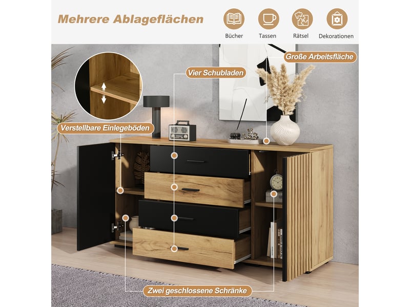 Buffet noir 140 × 35 × 70 cm, en mdf, avec 2 portes, 4 tiroirs, étagères réglables et façades texturées - Conforama E