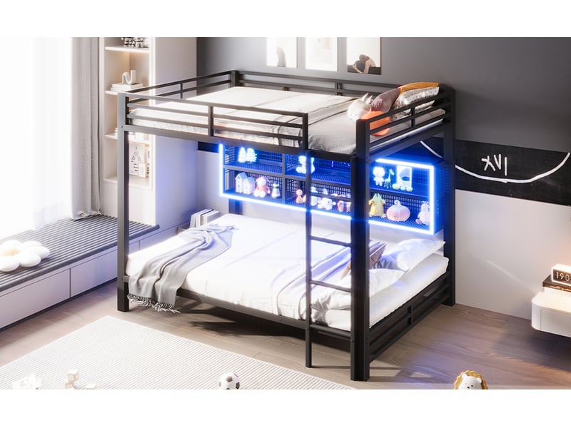  Lit superposé 140 × 200 cm, 6 rangements, led multicolore, barrières, sommiers métal à 24 lattes, structure noire  - Conforama B