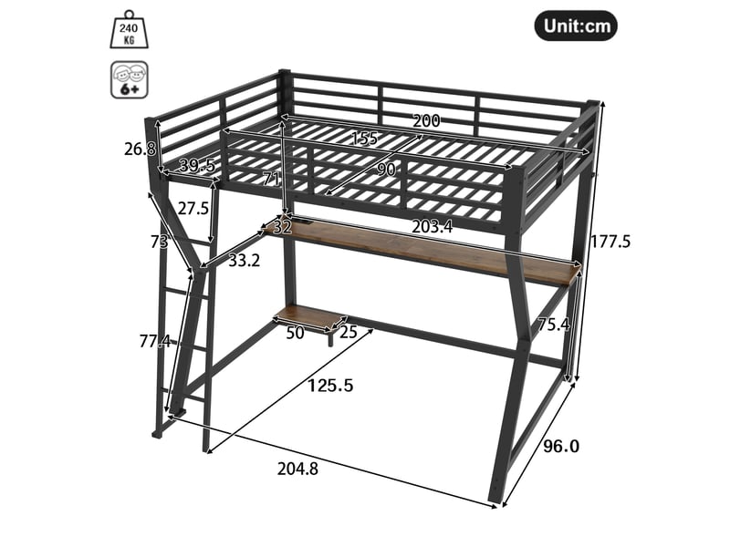 Lit mezzanine 90 x 200 cm avec bureau, led, prises usb et étagère pc noir - Conforama C