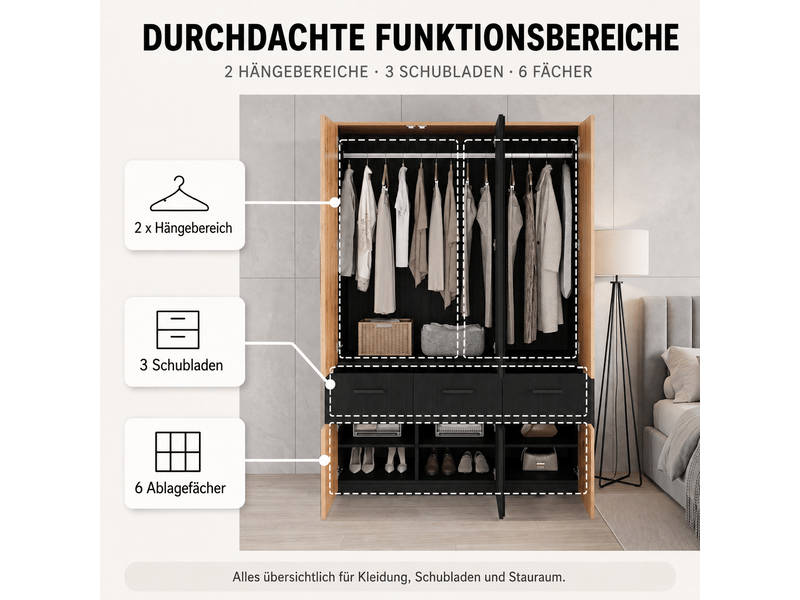  Armoire penderie haute portes persiennes 2 tringles 3 tiroirs 135x50x200 cm noir et bois  - Conforama D