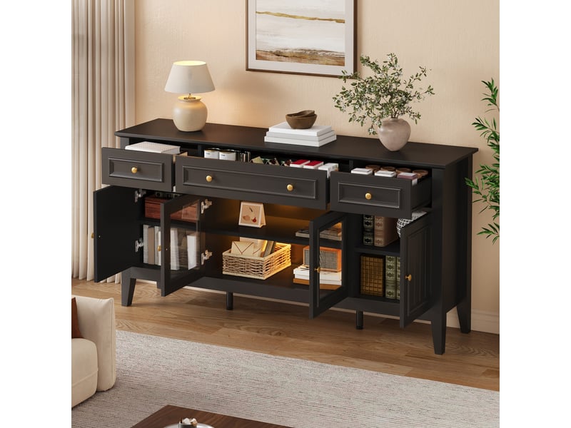  Commode à 4 portes et 3 tiroirs, 160 x 40 x 78,5 cm, buffet mdf, façades en verre, poignées métalliques et led intelligente, noir  - Conforama D