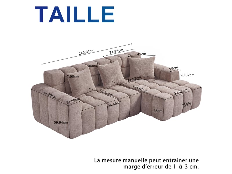Canapé convertible modulable ulevr en velours, longueur 249,94 cm, configuration droite ou en l, marron café - Conforama C