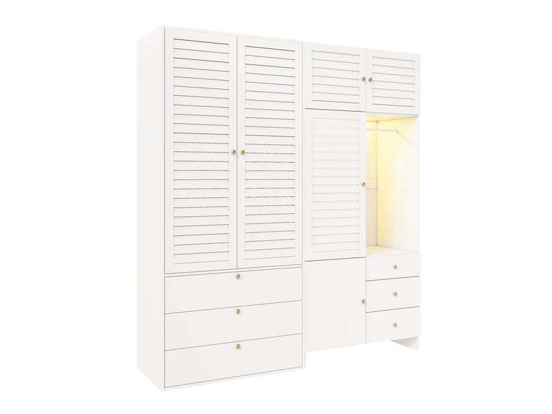 Armoire chambre 180x50x200 cm, dressing complet avec éclairage led et panier à linge, panneaux de particules, avec 6 tiroirs et 2 tringles, blanc - Conforama D