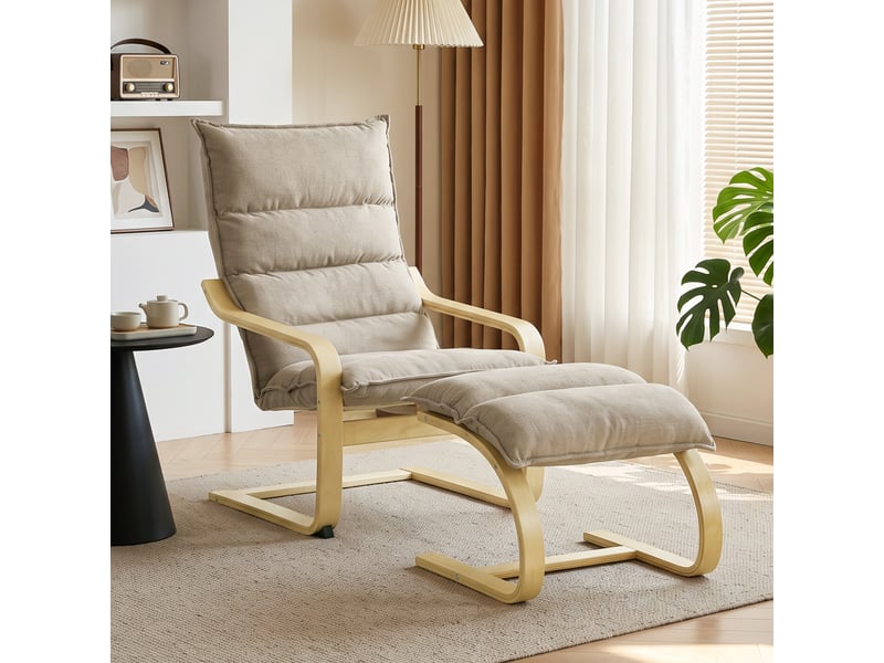  Fauteuil de salon et repose-pieds style nordique bois tissu taupe clair  - Conforama B
