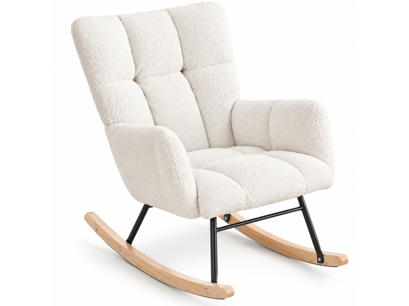  Fauteuil à bascule mid-century en tissu teddy capitonné, démontable, blanc  - Conforama A