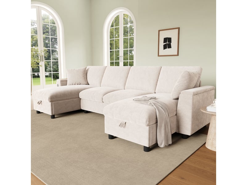 Canapé en u beige 4 places en chenille avec deux méridiennes, coffre de rangement et ports usb et usb-c, 279 x 135 x 84 cm - Conforama E