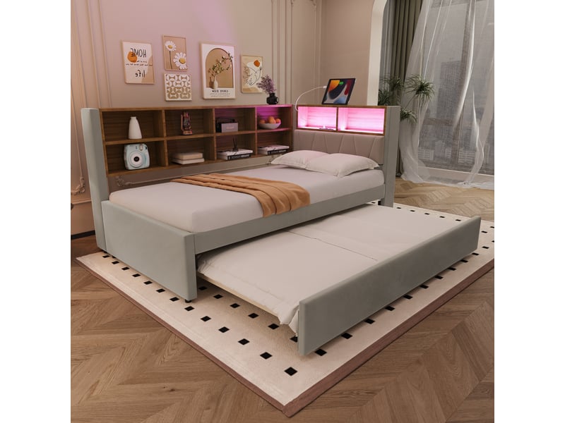  Canapé-lit 90x200 cm + gigogne 90x190 cm avec led et prises, flanelle gris clair, sans matelas  - Conforama W