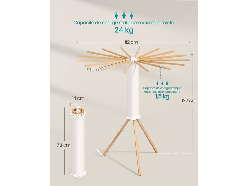  Séchoir à linge pliable portable gain de place 112 x 112 x 122 cm fonction pivotante style naturel en bois 12_0013211  - Conforama B