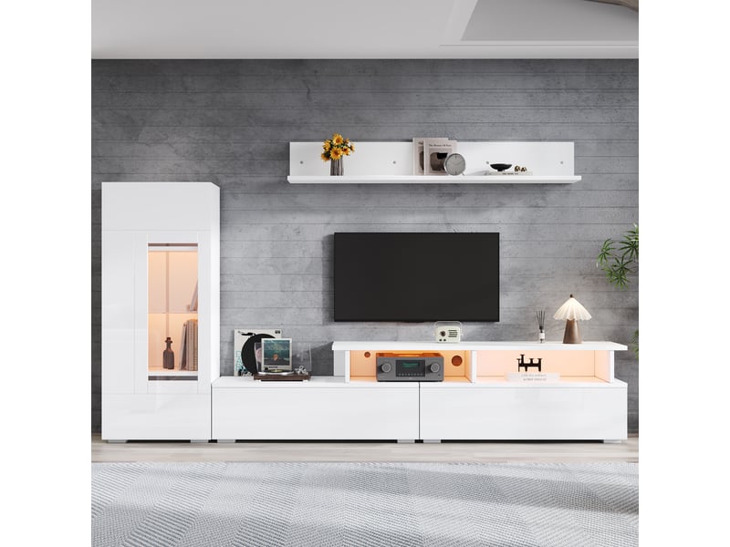  Ensemble meuble tv blanc avec vitrine et étagère, éclairage led, meuble tv pour écran jusqu'à 75 pouces  - Conforama E