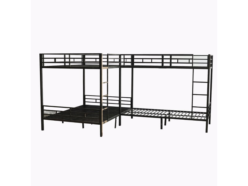  Lit superposé 90x200cm &amp; 140x200cm, lit d'angle pour chambre enfant et gîte, triple lit familial avec sommier à lattes et échelle 3 marches, noir  - Conforama D