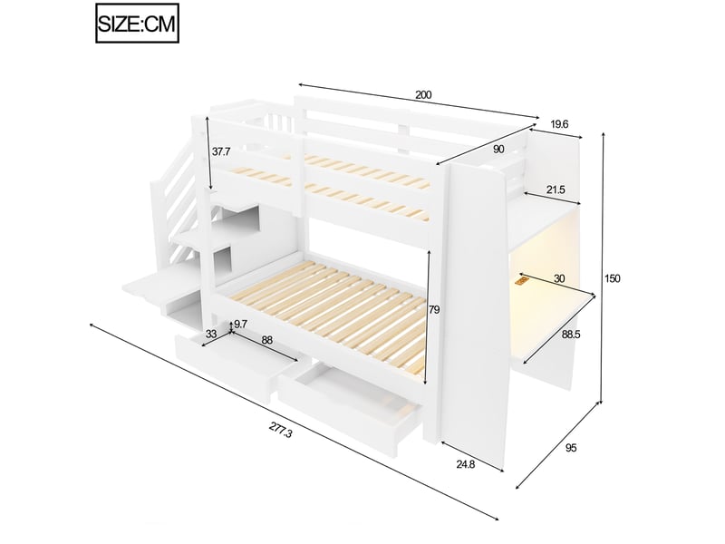  Lit superposé enfant 90x200 cm avec bureau, led et rangements blanc  - Conforama C