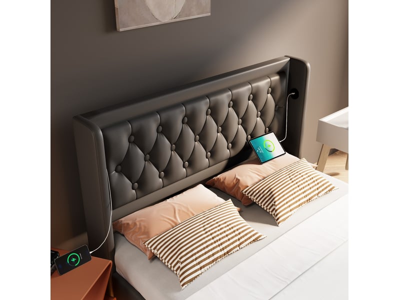  Lit coffre 140 × 200 cm 2 places avec usb, type-c, led et matelas inclus, en pu noir à tête capitonnée  - Conforama E