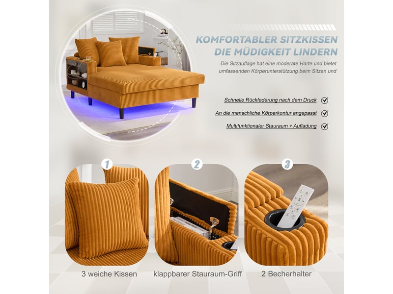 Canapé convertible en velours côtelé moutarde avec led, coffre intégré et port usb pratique  - Conforama R