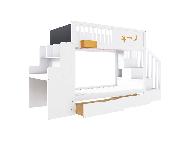 Lit superposé enfant 90 x 200 cm blanc avec bureau intégré, escalier de rangement, tiroirs sur roulettes et cadre en pin massif - Conforama A